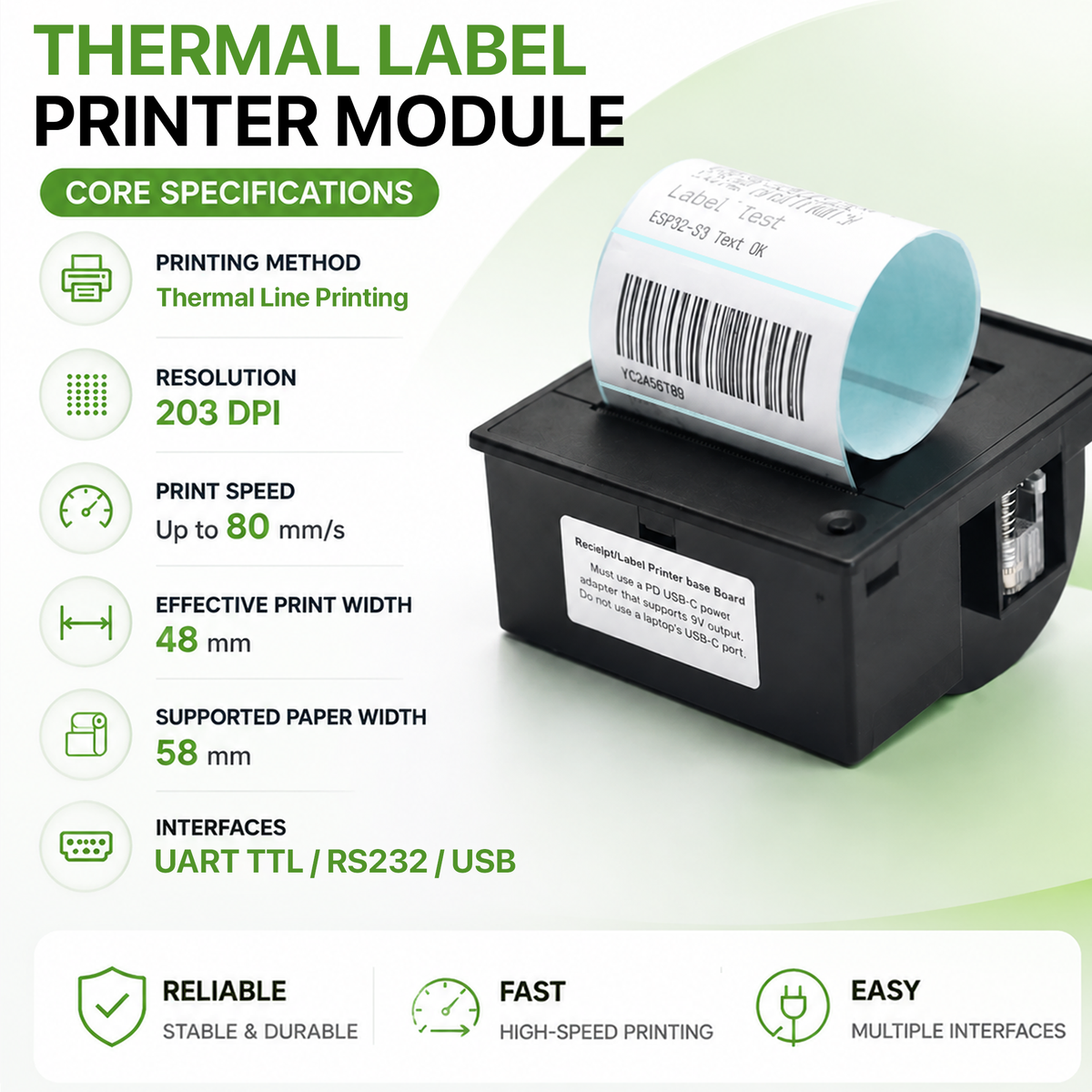 LONELY BINARY 58mm Thermal Label Printer Module Kit, ESP32-S3 TTL Base