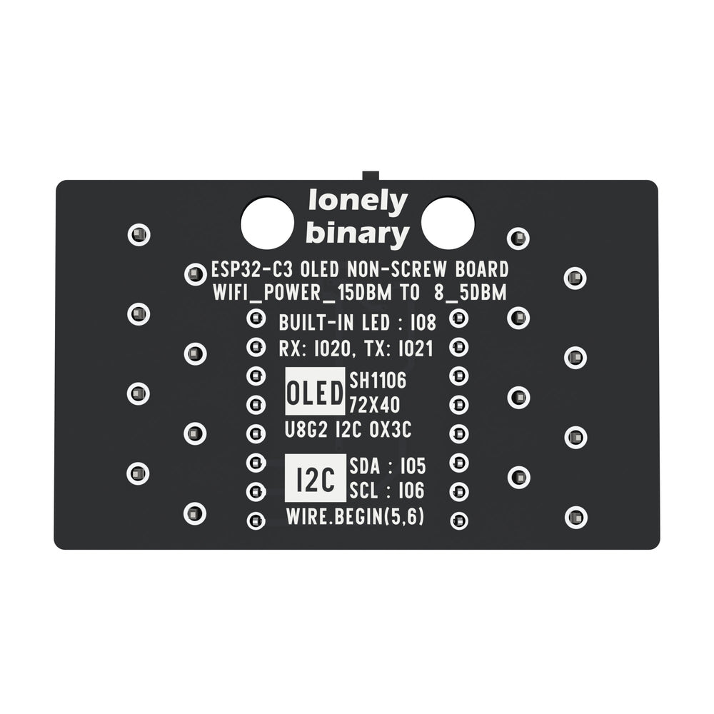 The back of the ESP32-C3 OLED pluggable terminal base: lonely binary and ESP32-C3 OLED NON-SCREW BOARD printed down the middle with the display, I2C and LED pin notes.