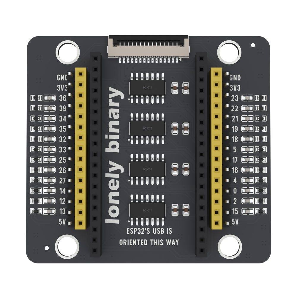 ESP32 PinPulse Shield seen from above: a column of LEDs beside each pin strip and four inverter chips down the middle