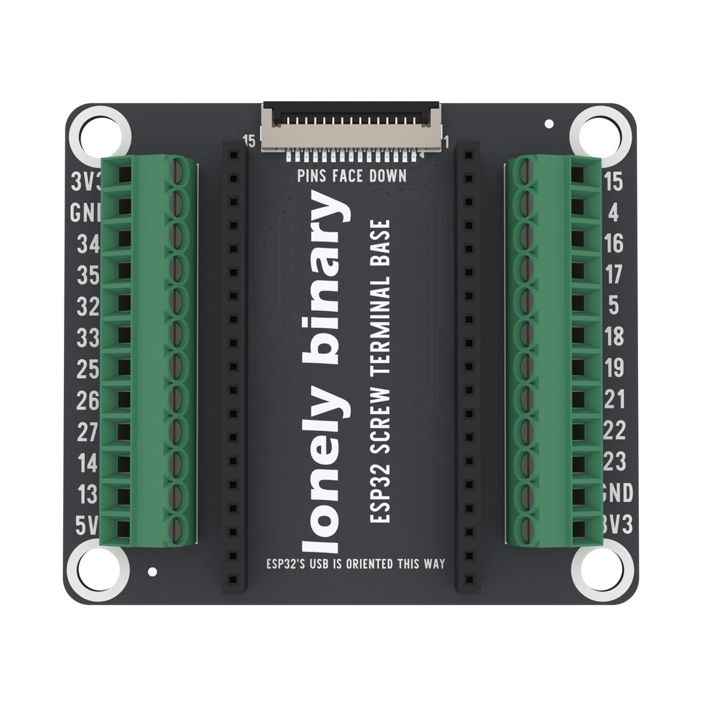 ESP32 Screw Terminal Base seen from above: two rows of green screw terminals either side of the ESP32 sockets