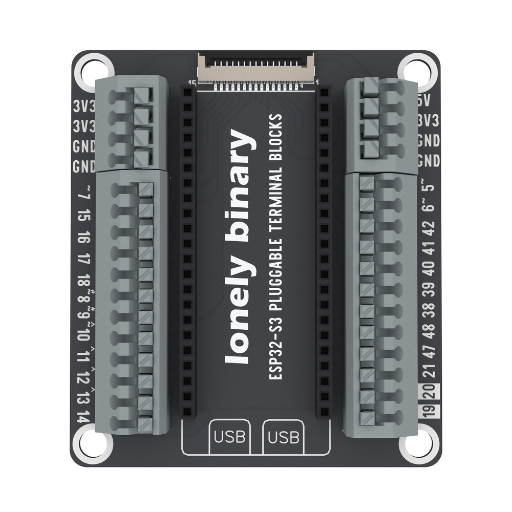 ESP32-S3 Pluggable Terminal Base seen from above: grey pluggable terminal blocks either side of the ESP32-S3 sockets