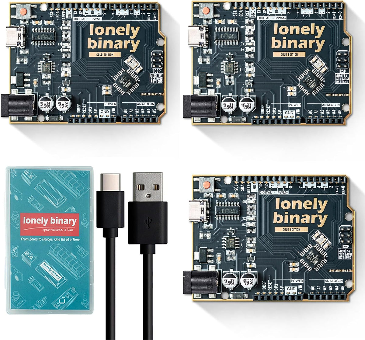 3-Pack UNO R3 ATmega328P Board USB-C, ENIG Gold