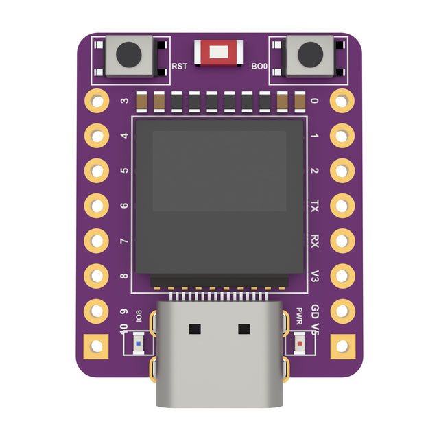 The ESP32-C3 OLED board seen from above: a purple board with a 0.42 inch OLED in the middle, a USB-C socket at the bottom, RST and BOO buttons at the top and a column of eight holes down each side.
