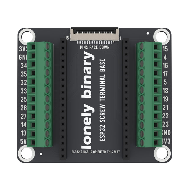 ESP32 Screw Terminal Base seen from above: two rows of green screw terminals either side of the ESP32 sockets