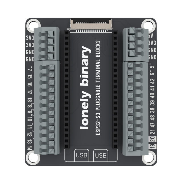 ESP32-S3 Pluggable Terminal Base seen from above: grey pluggable terminal blocks either side of the ESP32-S3 sockets