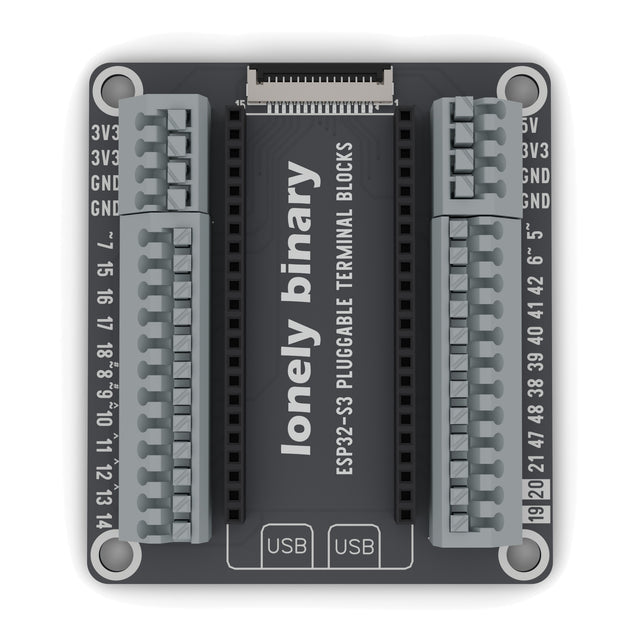 ESP32-S3 Pluggable Terminal Base seen from above: grey pluggable terminal blocks either side of the ESP32-S3 sockets