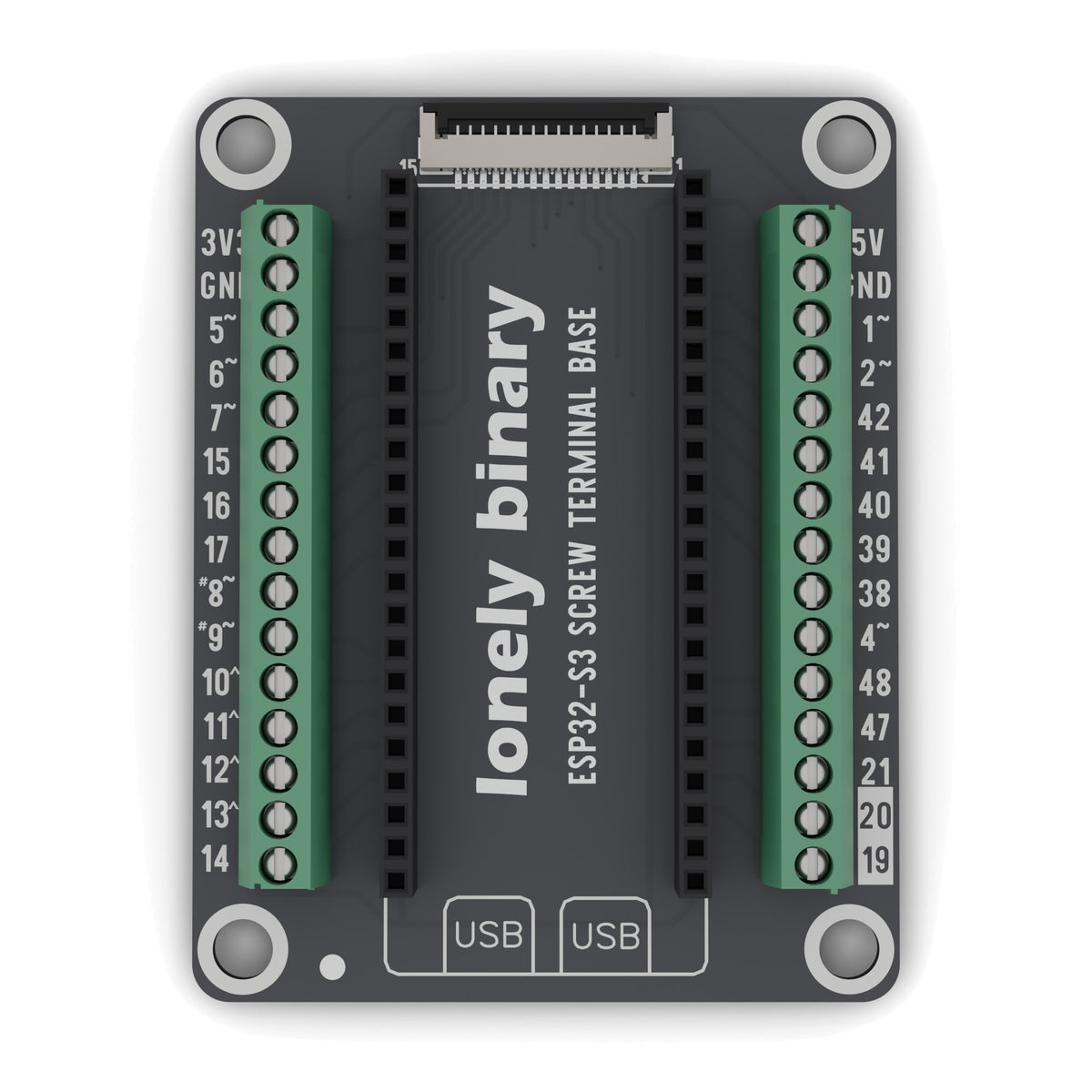ESP32-S3 Screw Terminal Base seen from above: two rows of green screw terminals either side of the ESP32-S3 sockets
