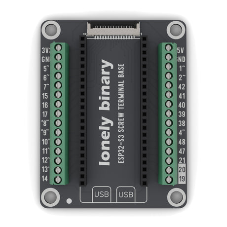ESP32-S3 Screw Terminal Base seen from above: two rows of green screw terminals either side of the ESP32-S3 sockets