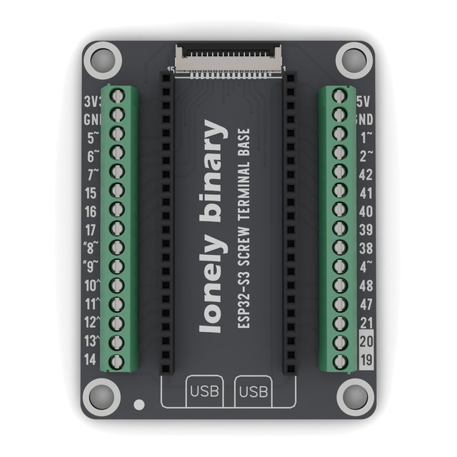 ESP32-S3 Screw Terminal Base seen from above: two rows of green screw terminals either side of the ESP32-S3 sockets